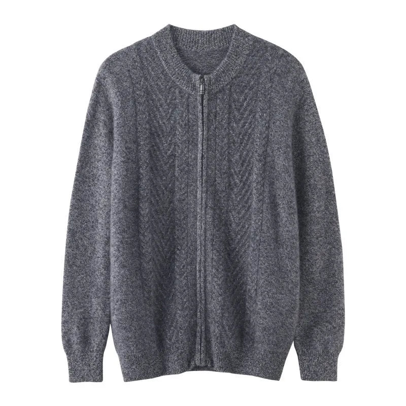 Pure cashmere thick twisted cardigan in dark blue for men, light luxury style