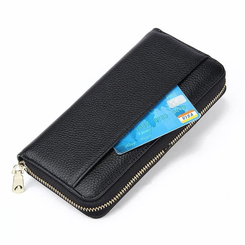 Women's long genuine leather wallet in black showing card compartments and anti-theft swiping feature