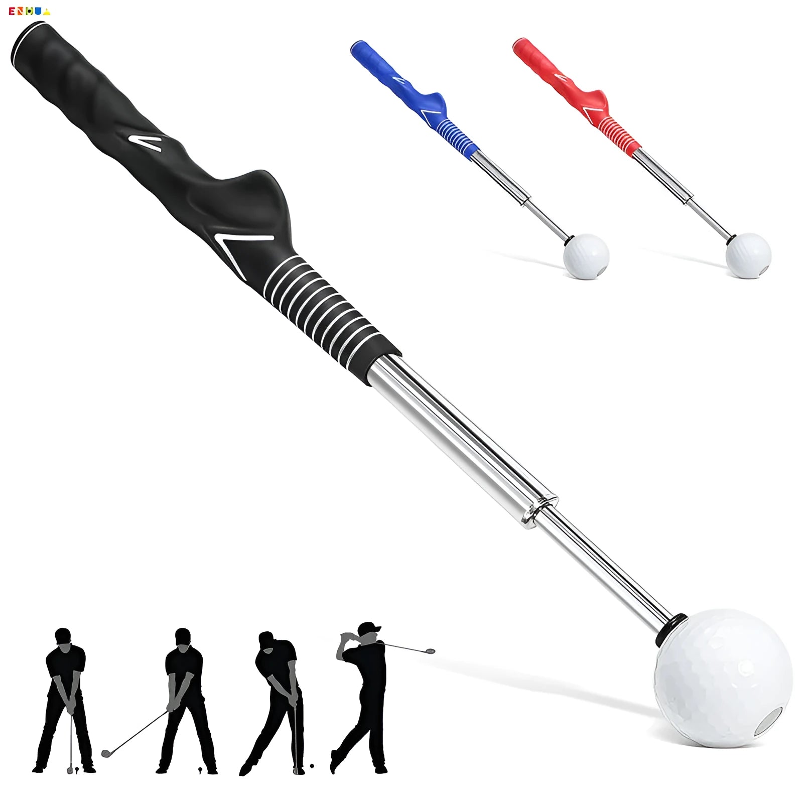 A telescopic golf swing simulator made of stainless steel, shown in black, blue, and red colour options.