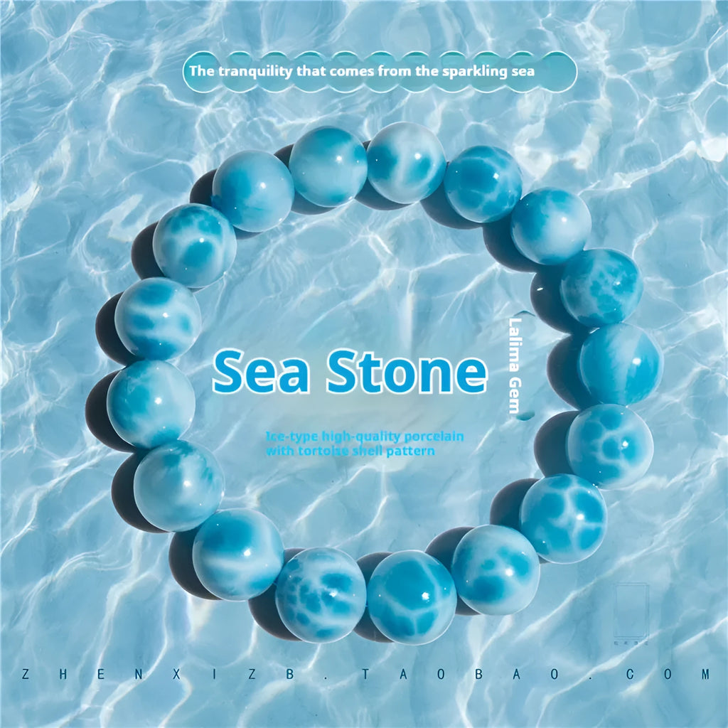 Blue unisex Bodhi bracelet with natural crystal sea-pattern stones and pearls in Maillard style.