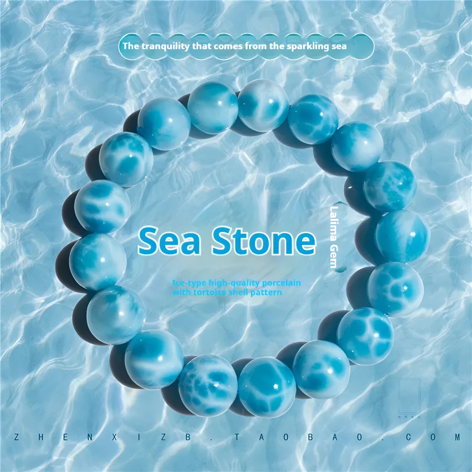 Blue unisex Bodhi bracelet with natural crystal sea-pattern stones and pearls in Maillard style.