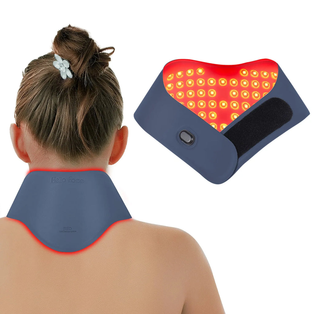 Red light hot compress neck mask for cervical physiotherapy in dark sky blue.
