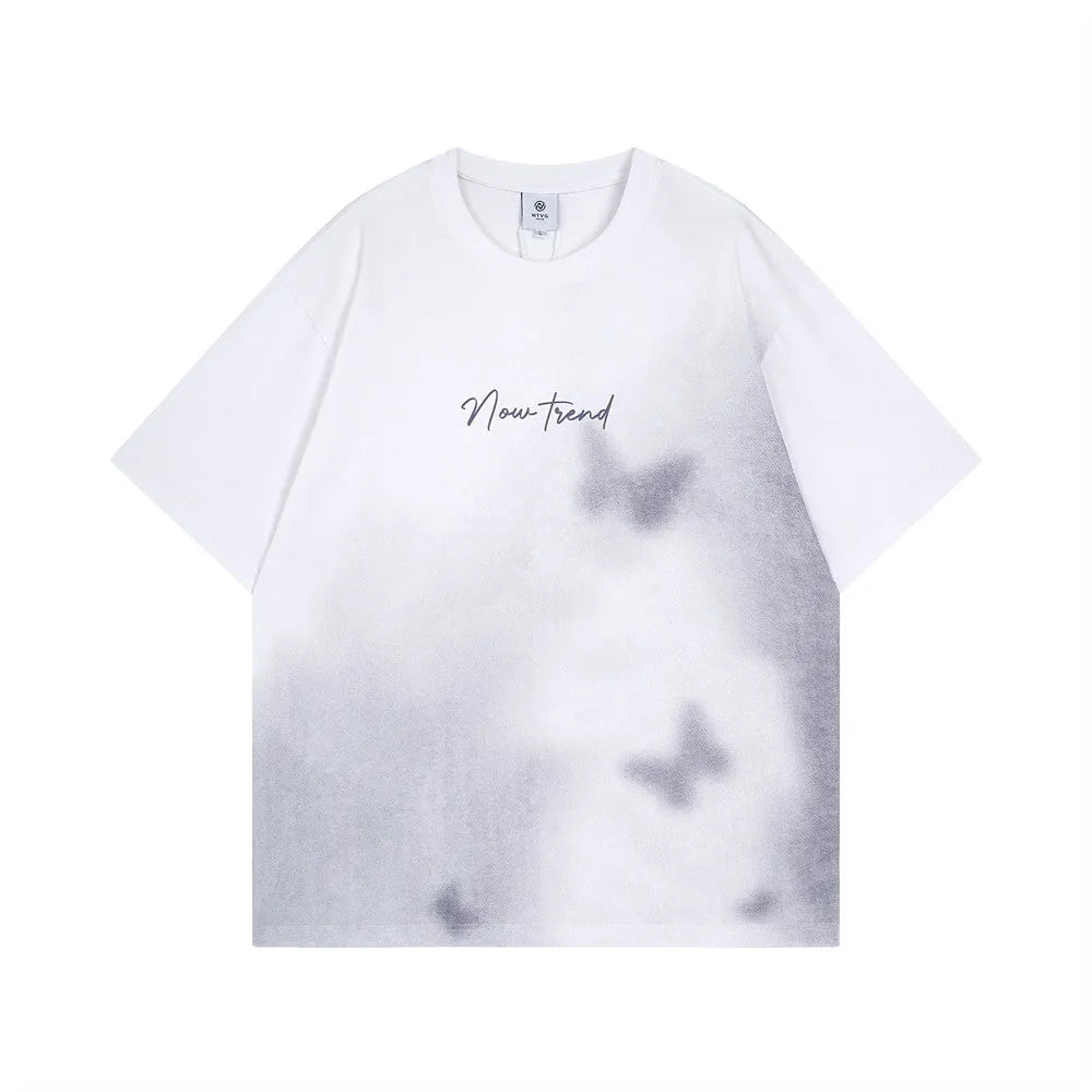 Inkjet gradient short sleeve pure cotton men's t-shirt in black, loose fit pullover street fashion style