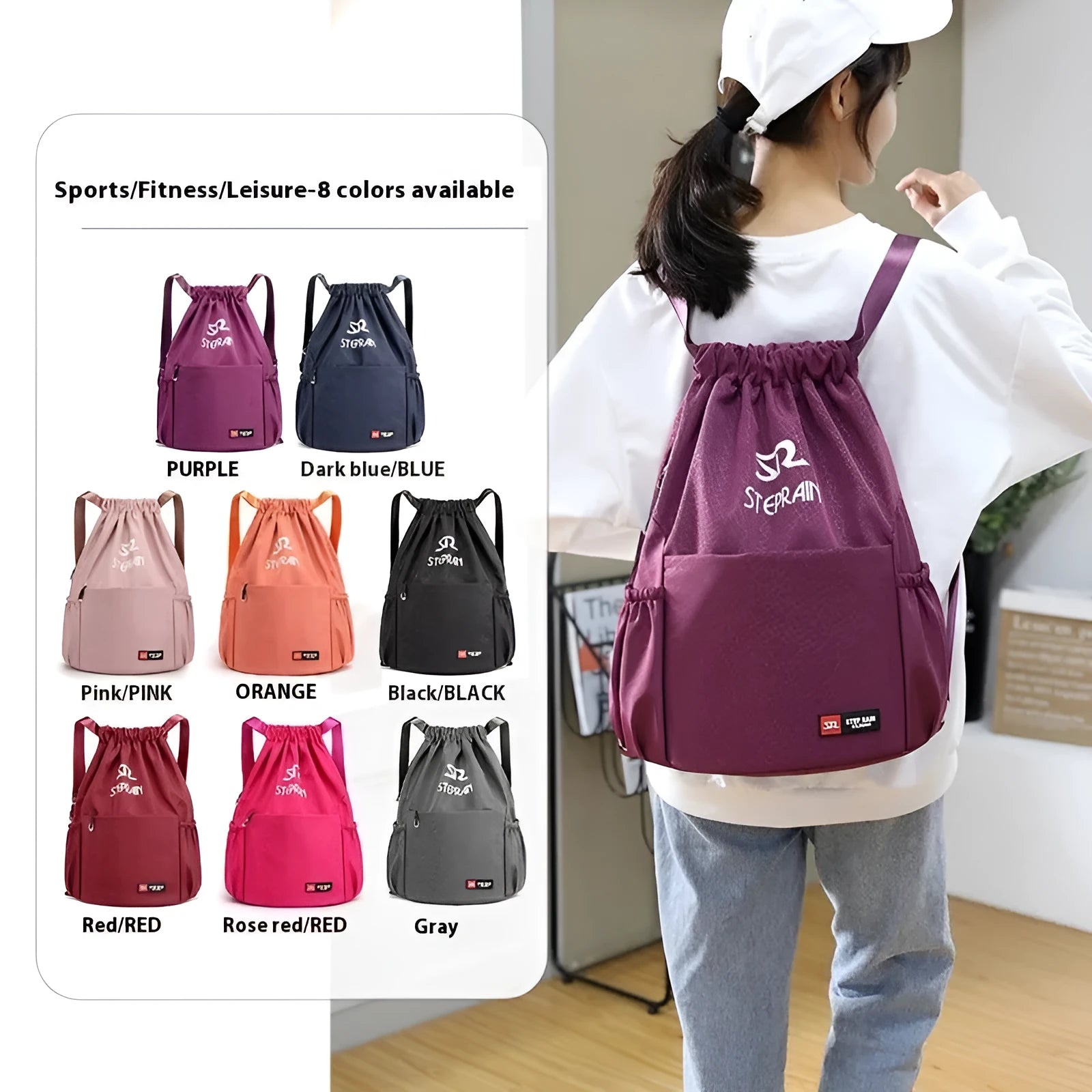 Lightweight drawstring backpack in Oxford cloth available in black, blue, pink and other colours