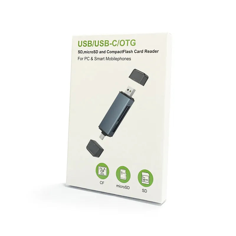 Silver aluminium three-in-one memory card reader for CF, SD, and TF cards with USB and Type-C ports.