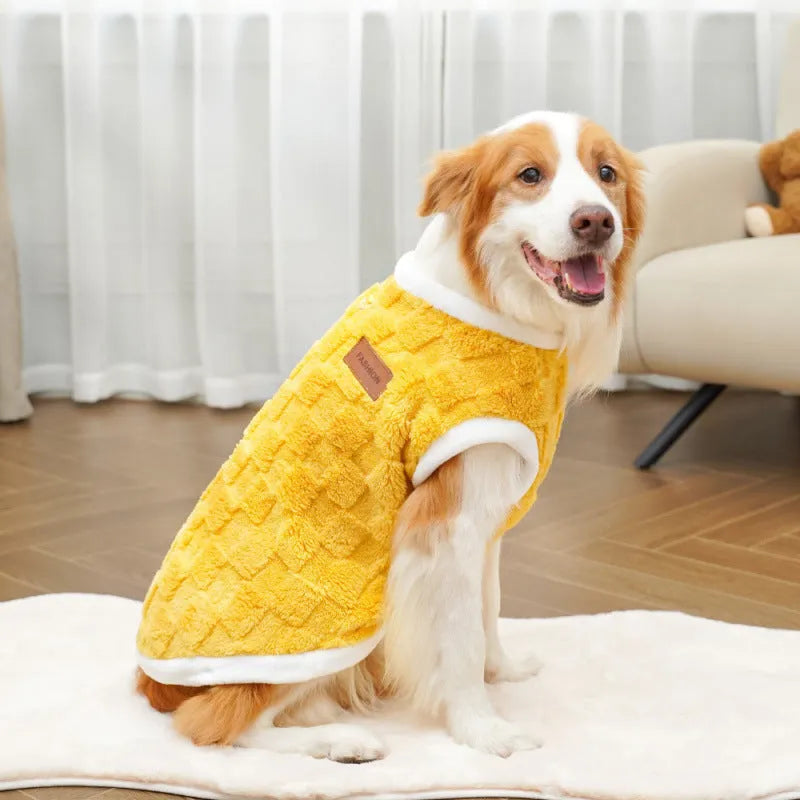 Pet autumn winter cotton dog coat with coral fleece lining in yellow square grid pattern, size M, shown on small dog