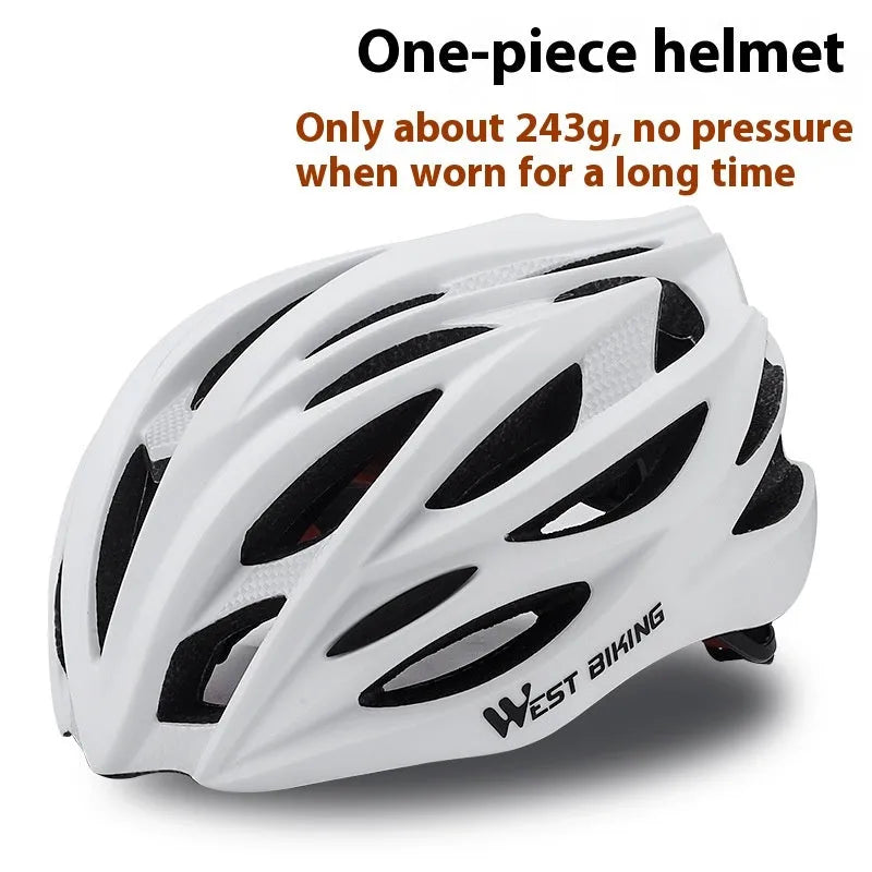 White bicycle helmet with integrated molding construction on display, size 54-62cm, PC and EPS materials