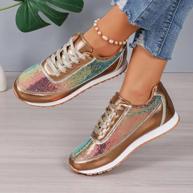 Women's thick-soled casual sneakers with square toe in black, champagne and silver colours