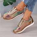 Women's thick-soled casual sneakers with square toe in black, champagne and silver colours