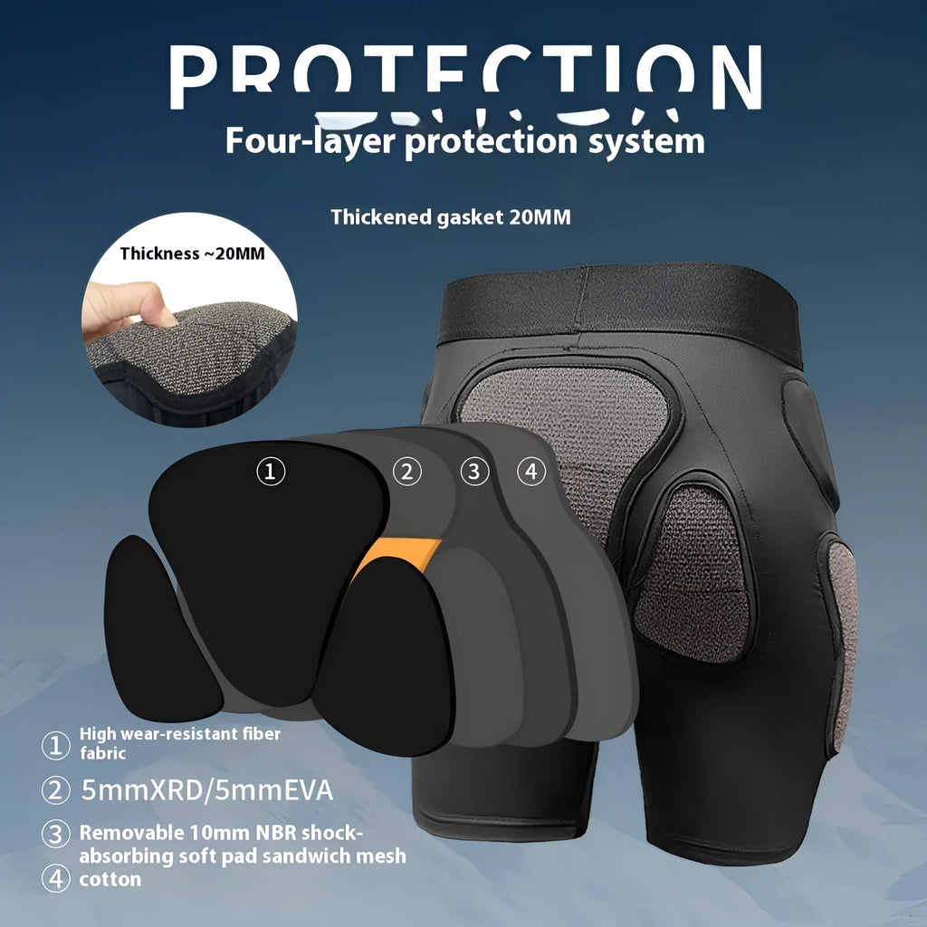 X-ray diffraction ski protective gear set showing hip pads and knee pads for winter sports impact protection