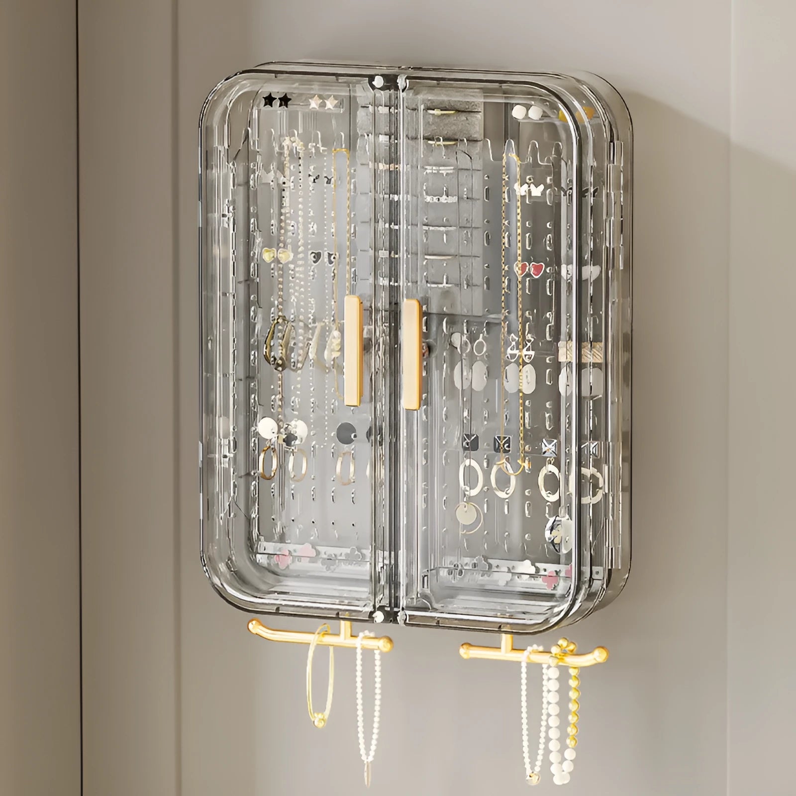 Wall-mounted jewelry storage box in transparent gray with more than 8 layers and dustproof lid