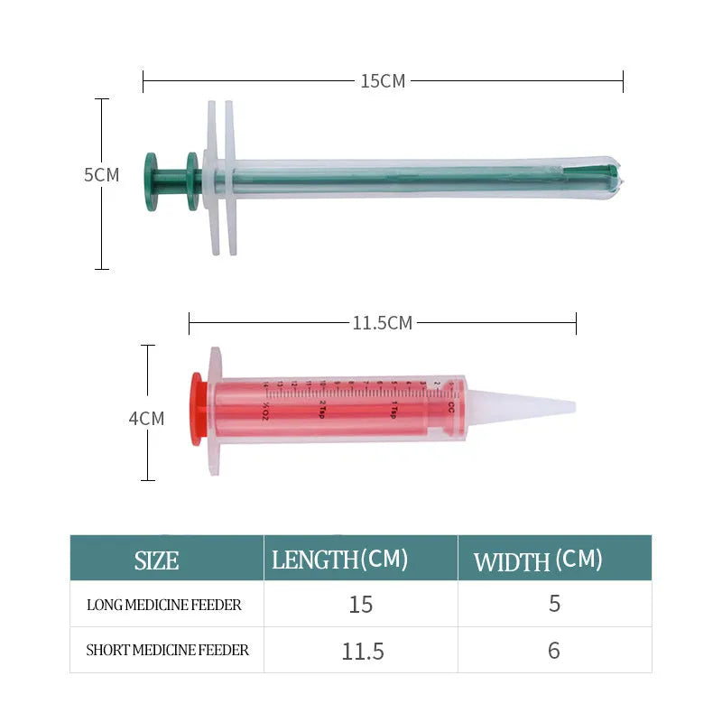 Two pet pill shooters with soft silicone tips for administering cat and dog medicine.