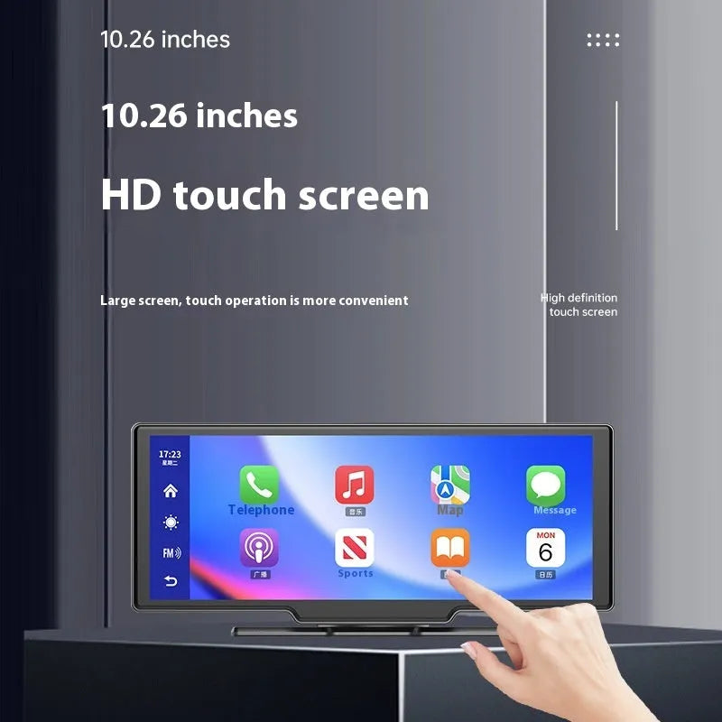 10-inch black car smart touchscreen with CarPlay display and front and rear recording camera.