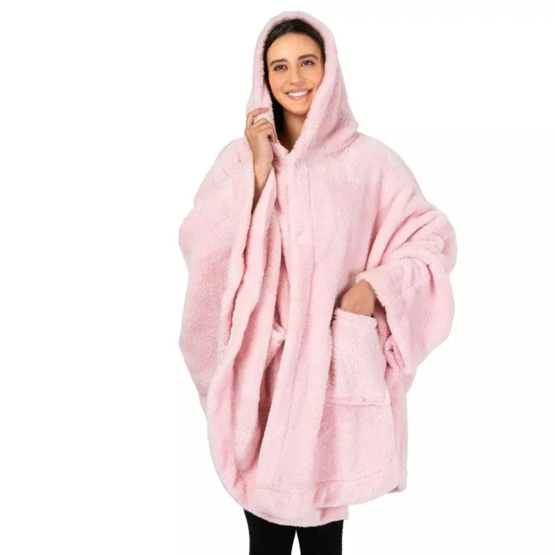 Thickened hooded bathrobe in cardigan style shown in black, dark grey, and pink colour options.