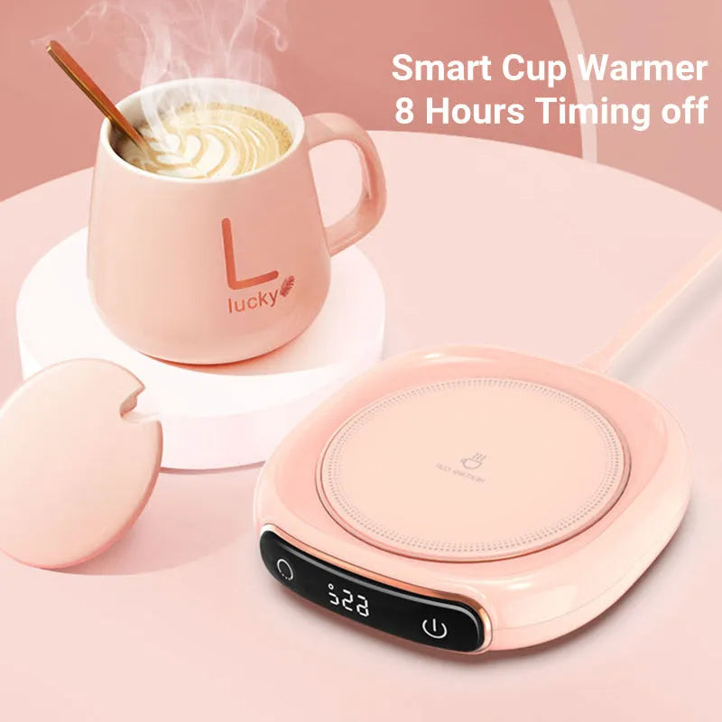 White USB coffee mug warmer coaster with dimensions 130x110x23mm on wooden desk