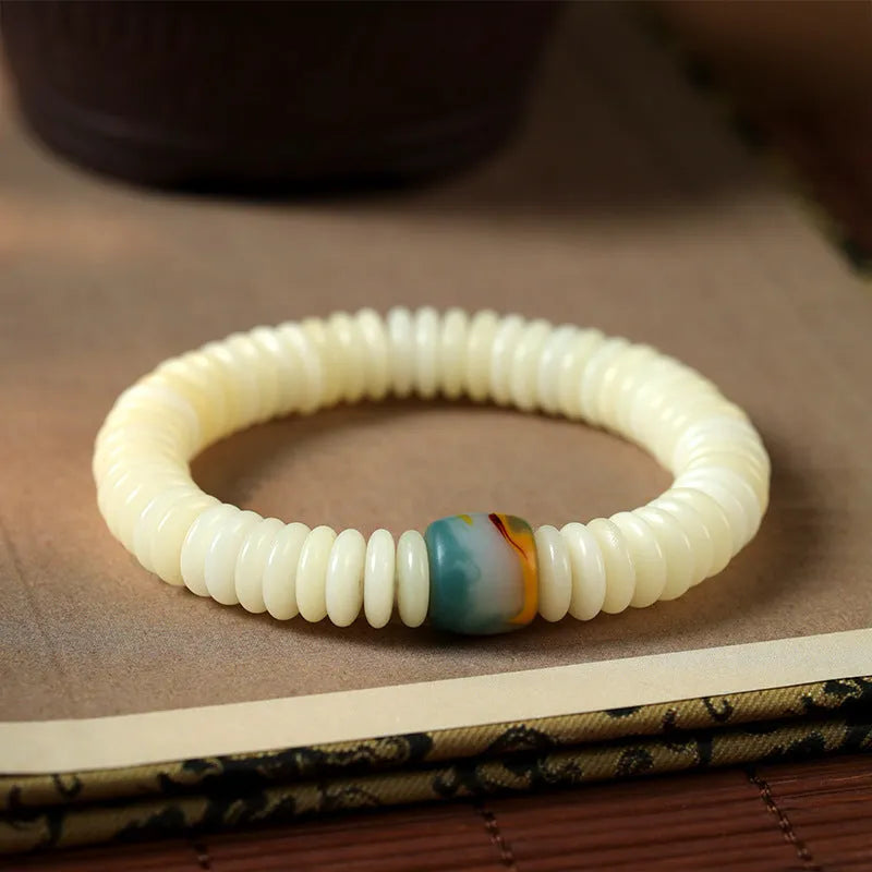 Tibetan white Bodhi bracelet with 3mm x 10mm beads in bracelet and handheld styles