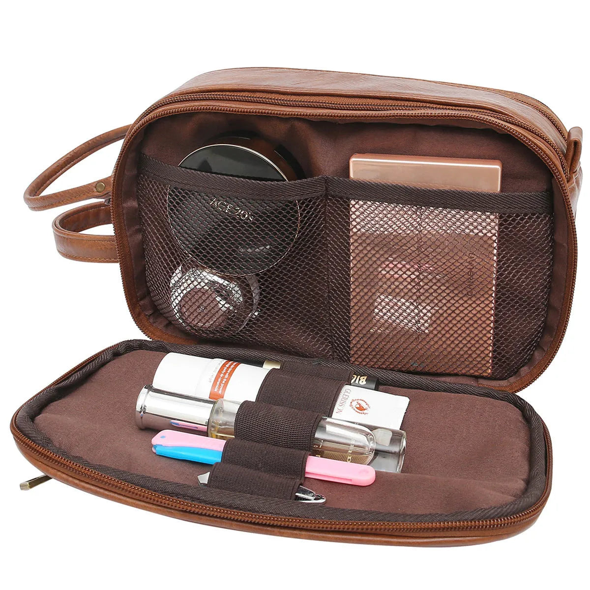 Black men's PU leather compact travel toilet bag for grooming storage.