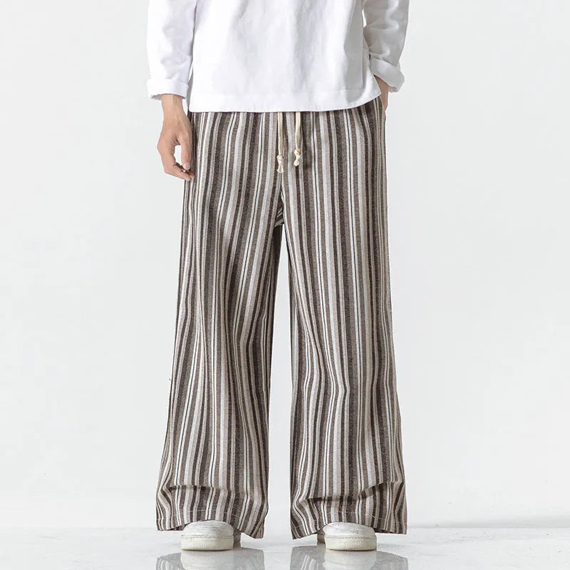 Vintage stripe loose straight leg trousers in cotton blend fabric on a mid-rise waist.