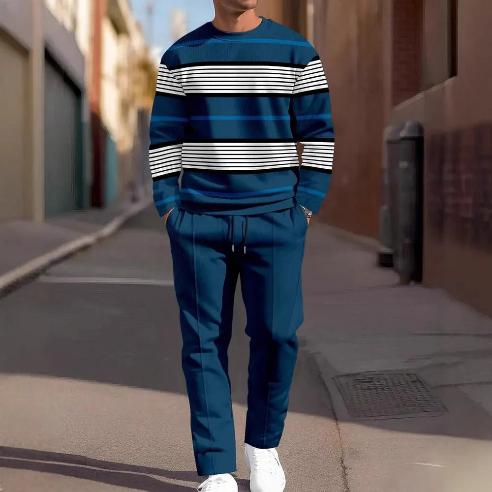 Men's casual sporty round neck sweatshirt and pants two-piece set in polyester blend, long sleeves, long pants, multiple colours