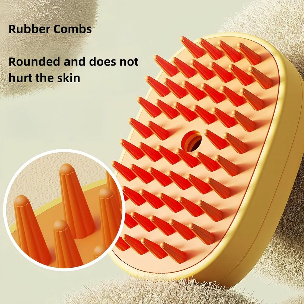 White rechargeable silicone steam brush for grooming dogs and cats on a table.
