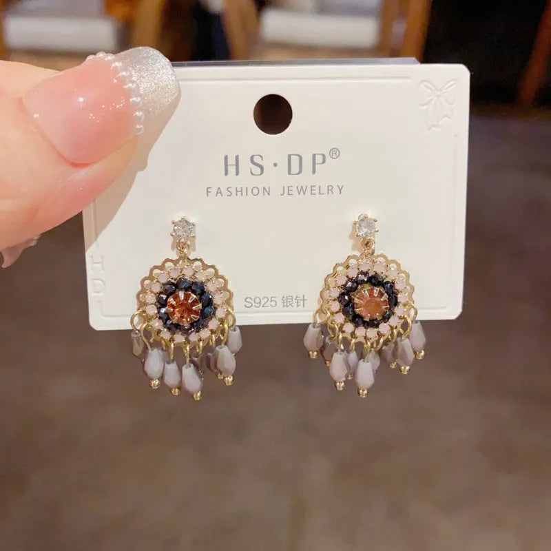 Purple diamond round crystal tassel earrings with thick gold-plated geometric design