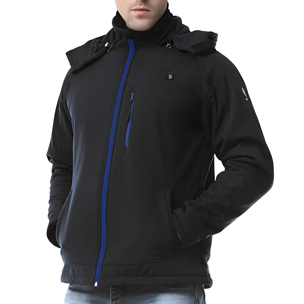 Black men's USB heated waterproof winter coat with long sleeves and zippered pockets