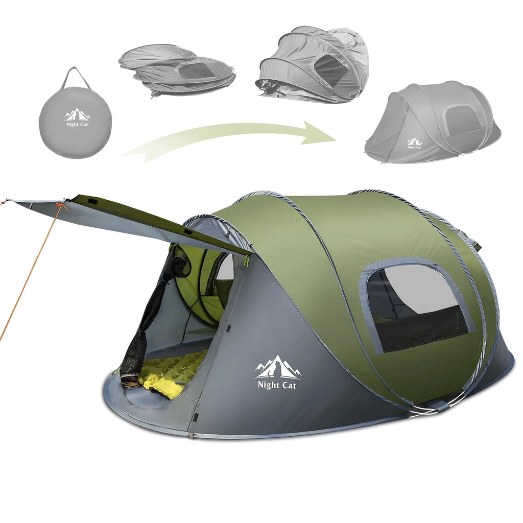 Dark green automatic pop-up camping tent for 2 people with instant frame setup