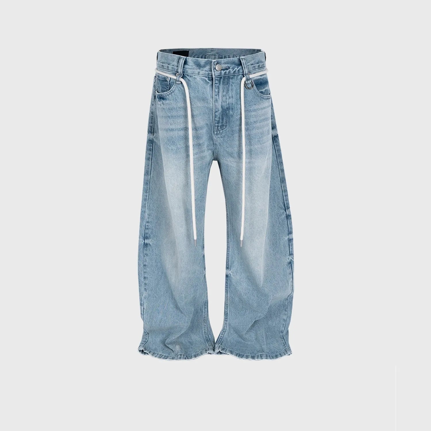 Blue vintage washed straight-leg denim trousers with drawstring belt laid flat