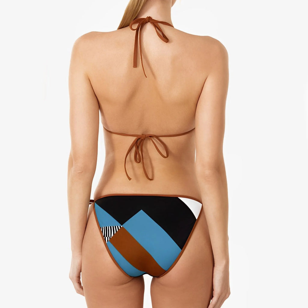Women's skinny print bikini swimsuit in a backless design.