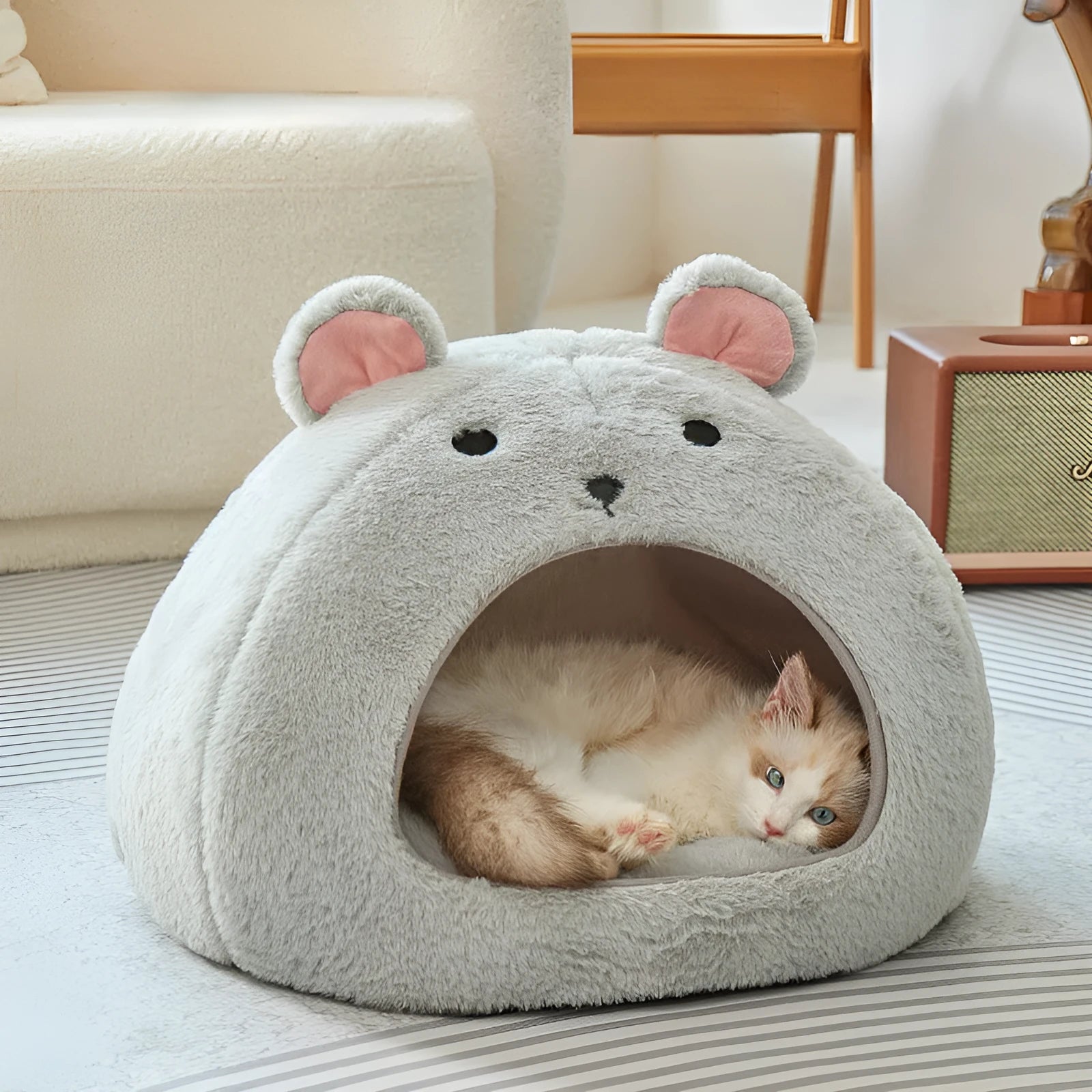 Cartoon cat and mouse all cotton soft fluffy pet bed house mat for small cats and dogs, light gray