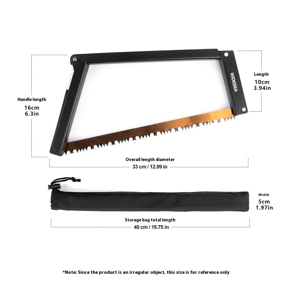 Black outdoor foldable saw with aluminium handle shown in open and closed positions.