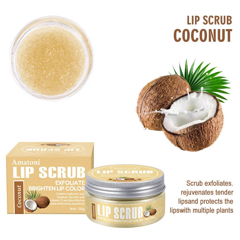 Amatoni Lip Scrub pot in four flavour options: coconut, raspberry, vanilla, and watermelon