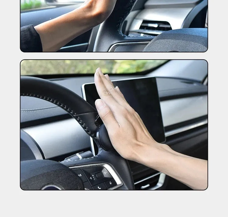 Black silicone steering wheel assistance ball with metal bearing booster installed on car steering wheel