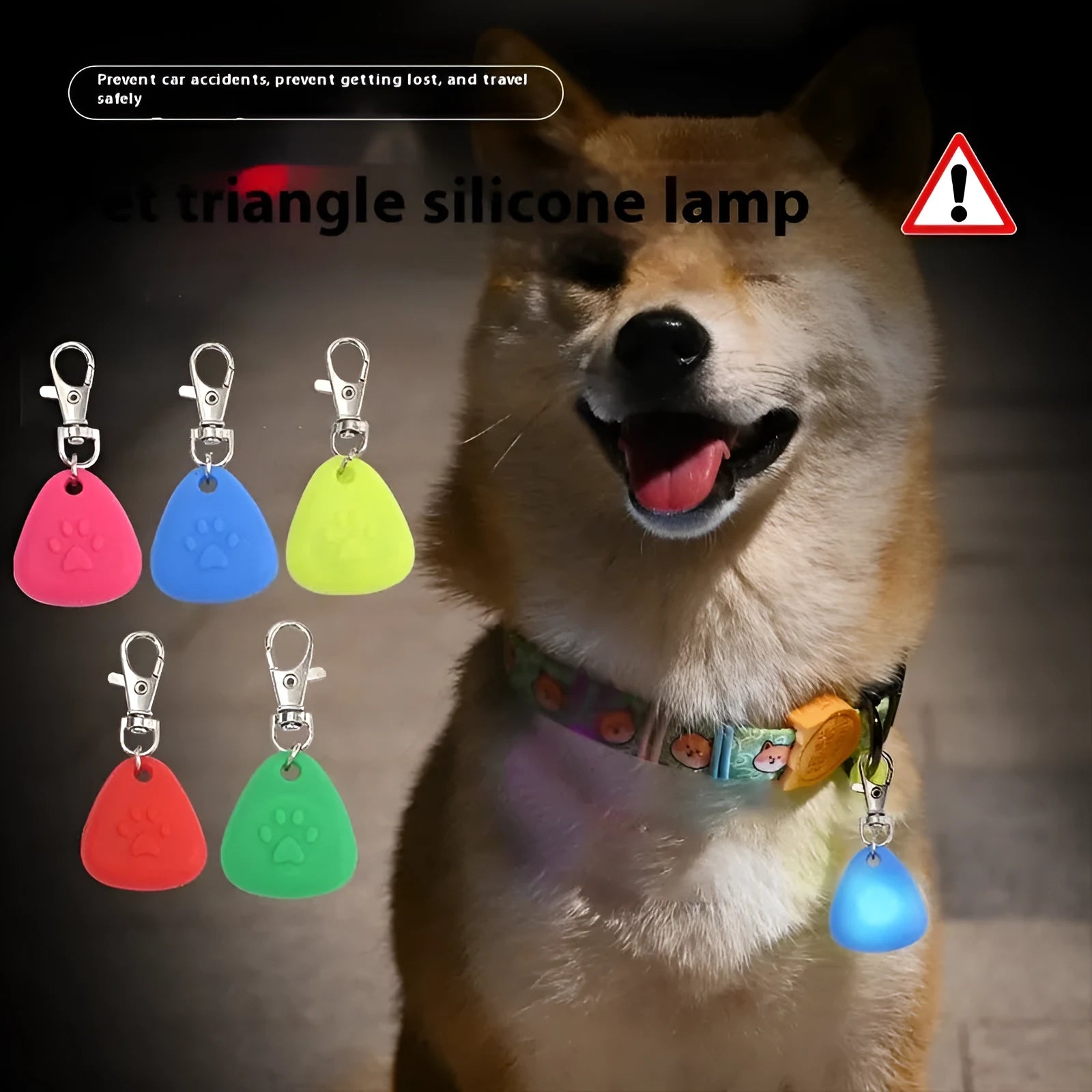 Silicone triangle light-up pet ornament in red pink blue green yellow colour options