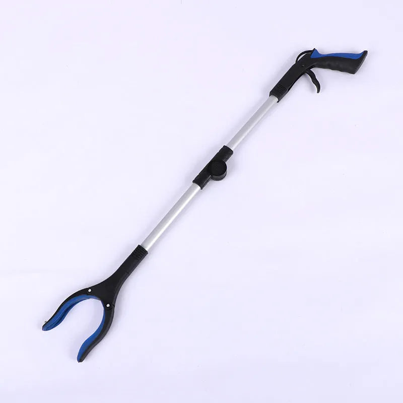 Silver foldable aluminium garbage clamp with blue handle extended to 80cm, showing magnet tip.