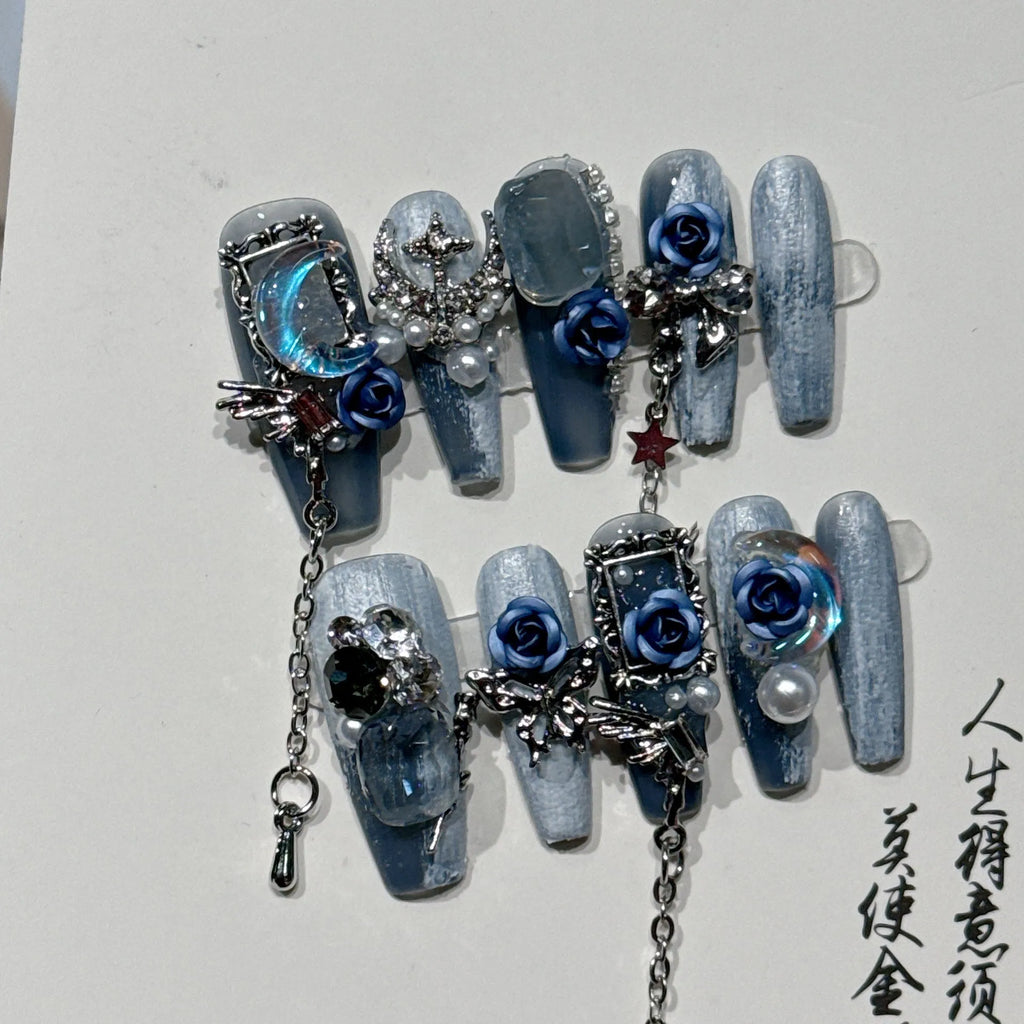 Heavy industry night blue artificial nails with 3D rose and tulip designs, showing sizes XS, S, M, L.