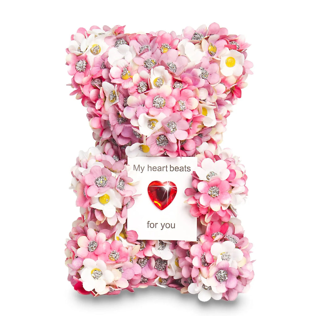 Pink handmade artificial rose bear ornament 17cm polyester foam