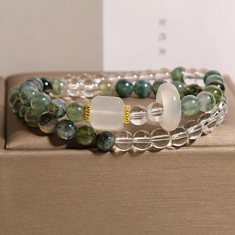 Green grass agate crystal bracelet with white agate cube sugar beads on a flexible ring