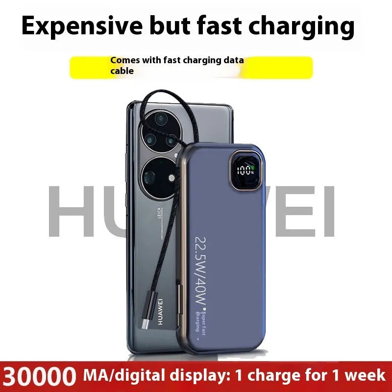Black portable power bank with integrated charging cable showing compact industrial design