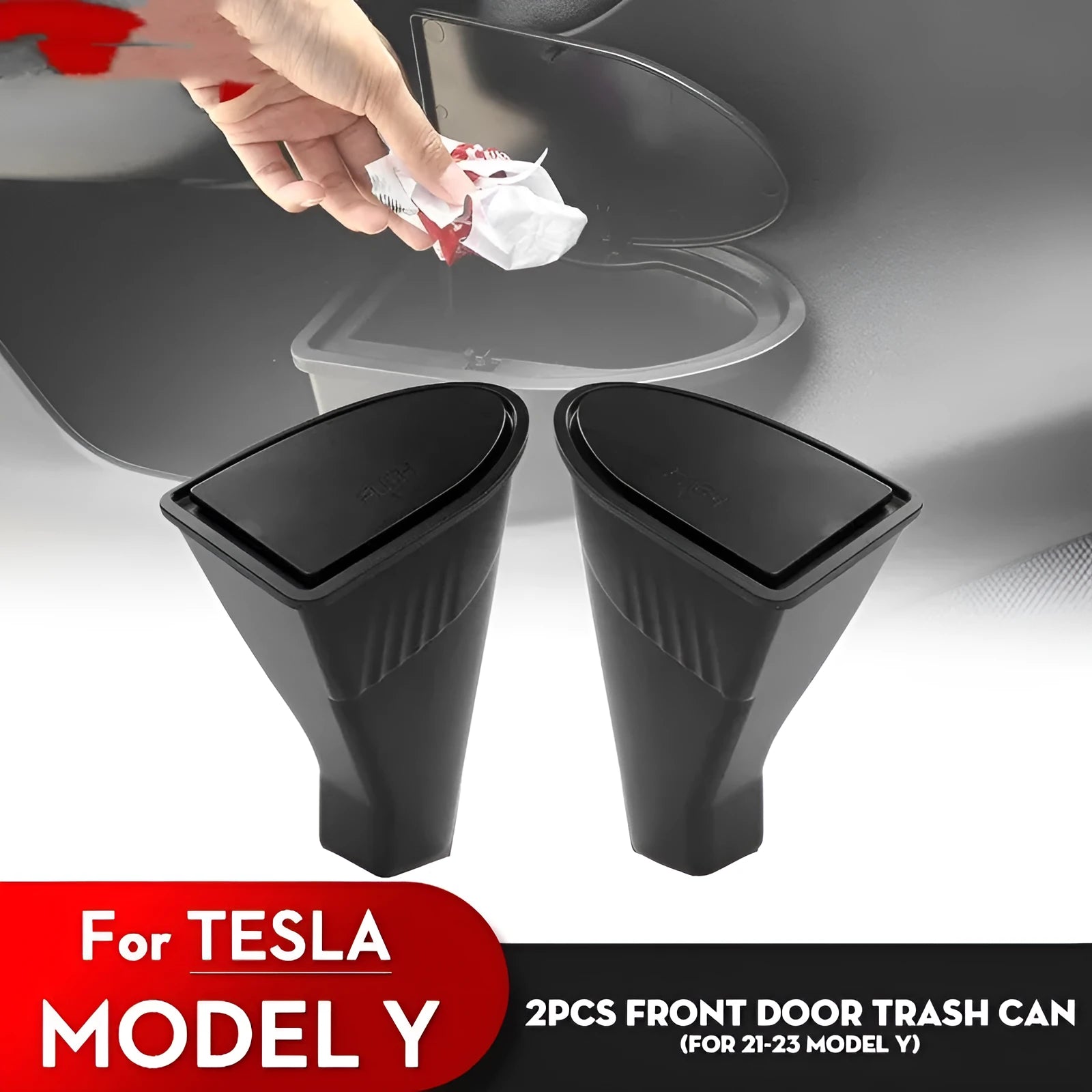 Two black ABS plastic car door trash cans for Tesla Model Y front doors