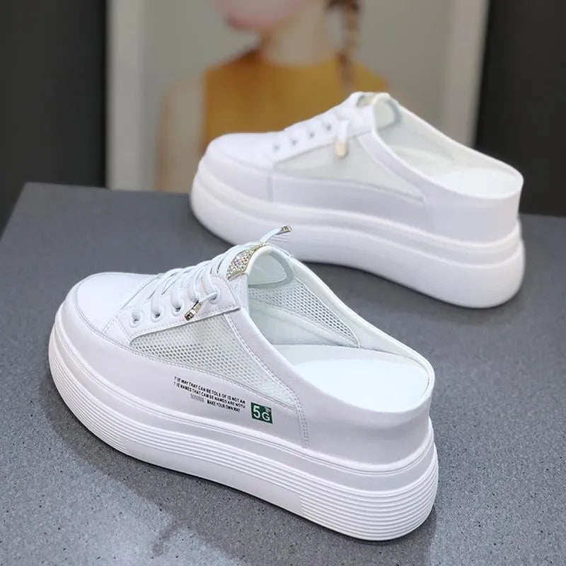 Women's white platform shoes with mesh detail and round toe design