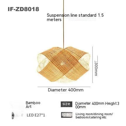 Bamboo woven rattan ceiling lamp with adjustable height mechanism in New Chinese style