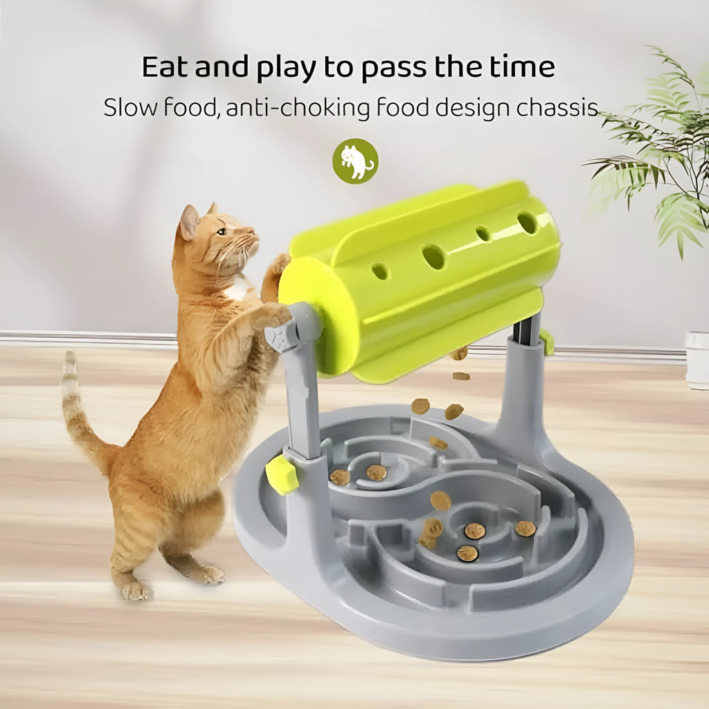 Interactive pet food puzzle slow feeder in blue, green, or pink with adjustable height settings