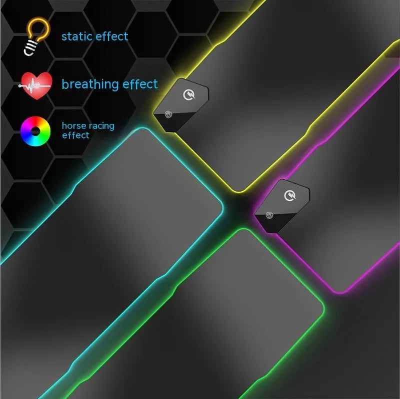 300x800mm black gaming mouse mat with mech-style graphics, luminous interface, and non-slip rubber base