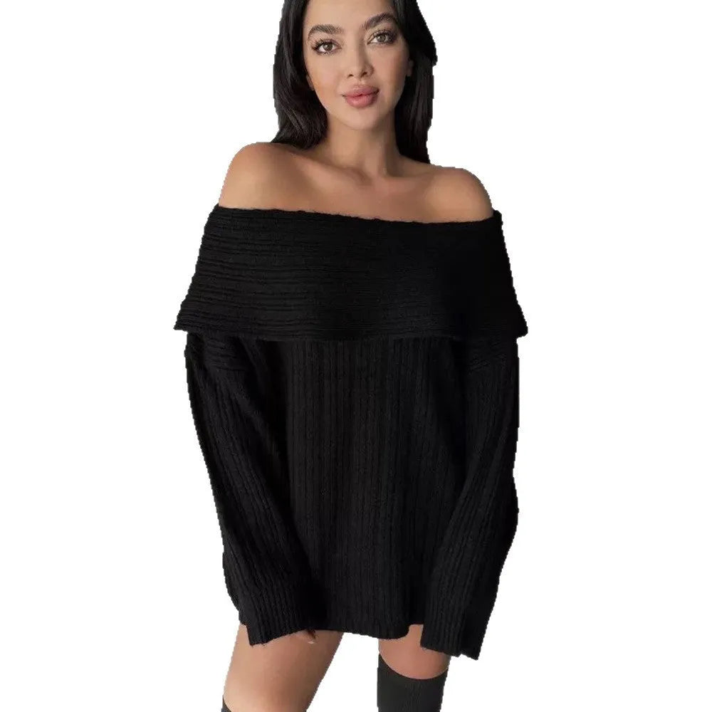 Women's loose-fitting acrylic pullover sweater in black, white, khaki or red with long sleeves