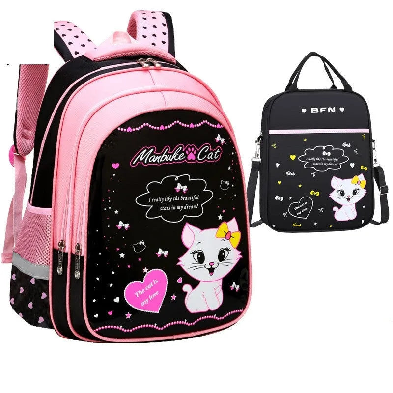 Kids school backpack with cute cat print in nylon, waterproof and load-reducing design, available in large or small sizes