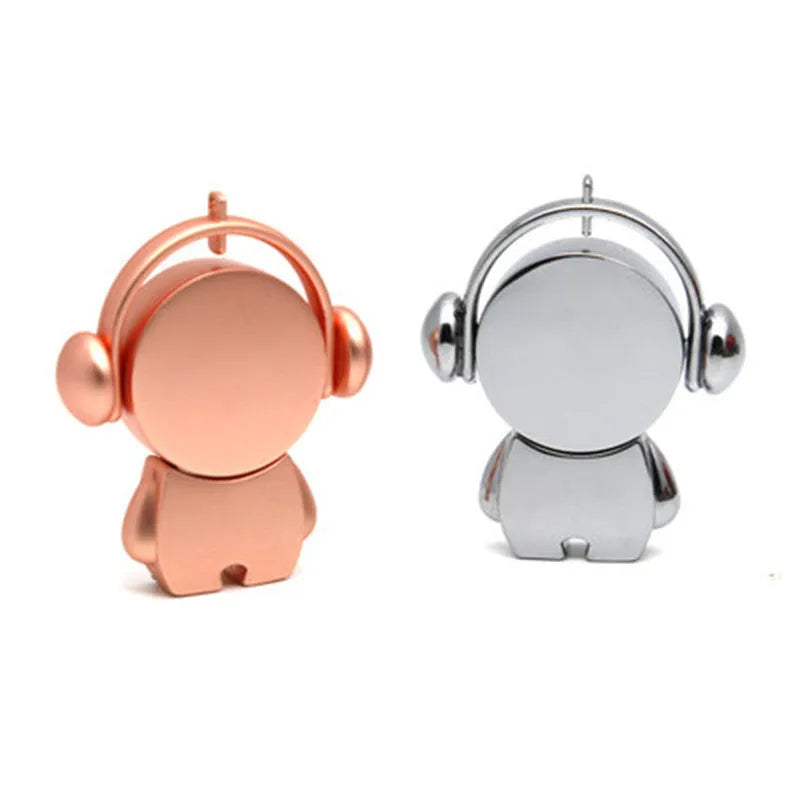 Silver and rose gold metal USB flash drives with a cartoon musician graphic design.