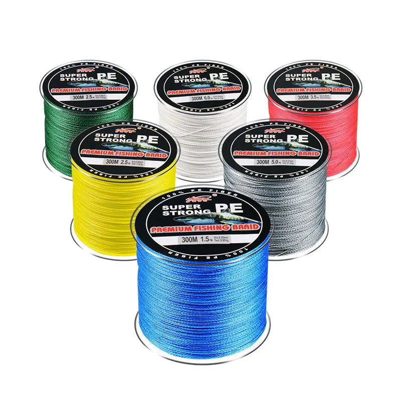 A reel of 300-metre, 4-section PE fishing line available in multiple colours and line numbers.