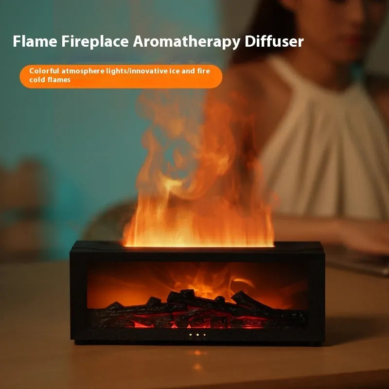 Square desktop flame aromatherapy machine with 3D flame effect and 7 colour LED lighting