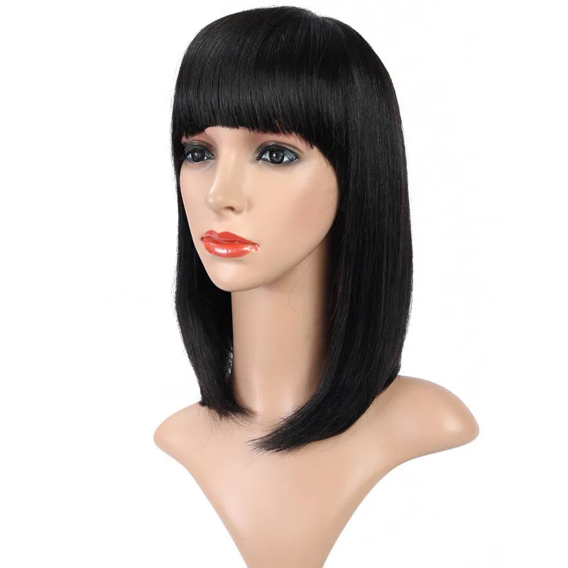 European and American long straight real hair bob wig with Qi bangs in Mechanism B gear wave colour